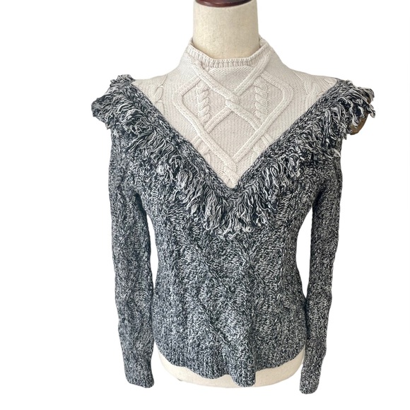 Intermix Deja Fringe Cable Knit Wool Blend Turtleneck Sweater - Picture 4 of 16